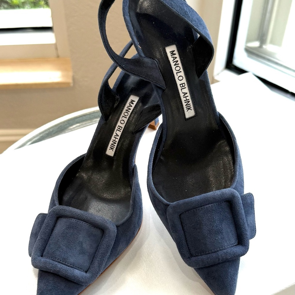 Manolo Blahnik Dark Blue Suede Slingback Heels - Picture 4 of 11